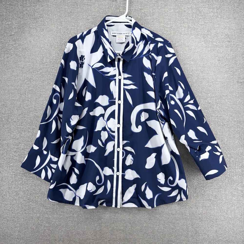 Gretchen Scott Blouse Top Women Size XL Blue White Floral Casual Button Up